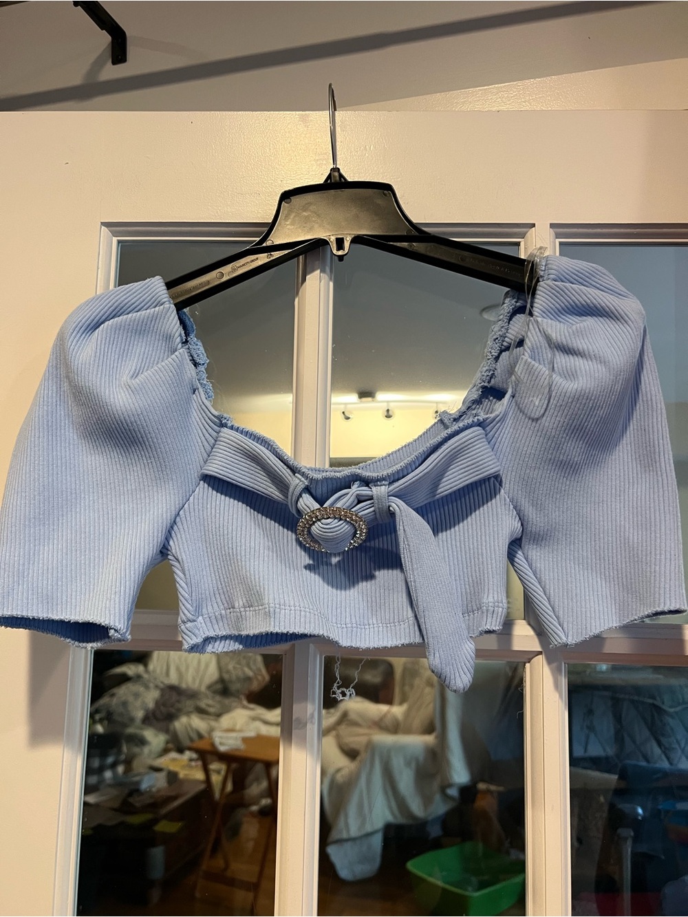 Hot & Delicious Powder Blue Ribbed Cropped Sweetheart Top with Buckle Tie